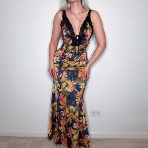 Floral Print Satin Maxi Dress with Lace Trim